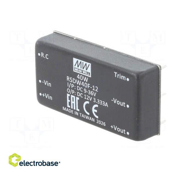 Converter: DC/DC | 40W | Uin: 9÷36V | Uout: 12VDC | Iout: 3.34A | 2"x1" image 2