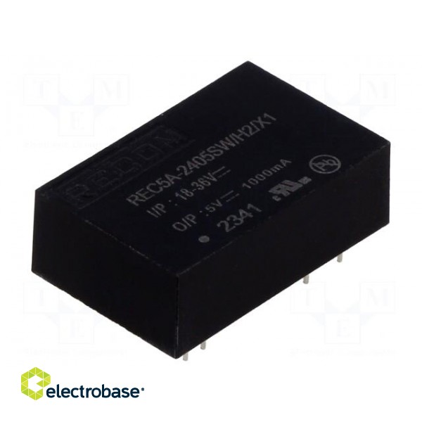 Converter: DC/DC | 5W | Uin: 18÷36V | Uout: 5VDC | Iout: 1A | DIP24 | REC5A