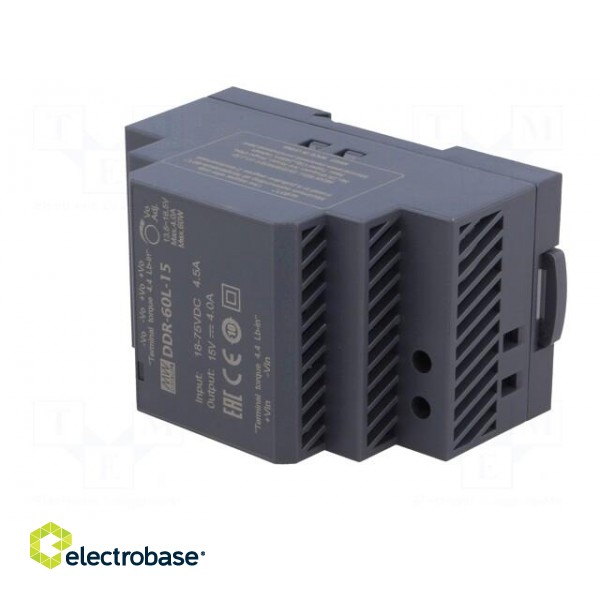Power supply: DC/DC | 60W | 15VDC | 4A | 18÷75VDC | Mounting: DIN | 216g image 2