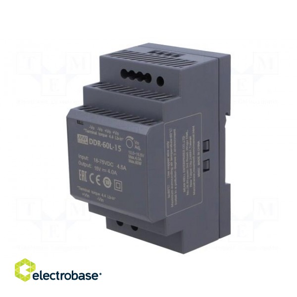 Power supply: DC/DC | 60W | 15VDC | 4A | 18÷75VDC | Mounting: DIN | 216g image 1