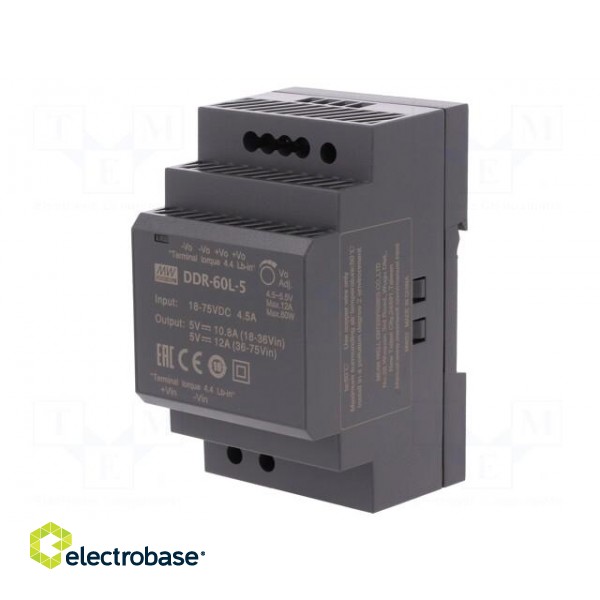 Power supply: DC/DC | 60W | 5VDC | 12A | 18÷75VDC | Mounting: DIN | 216g image 1
