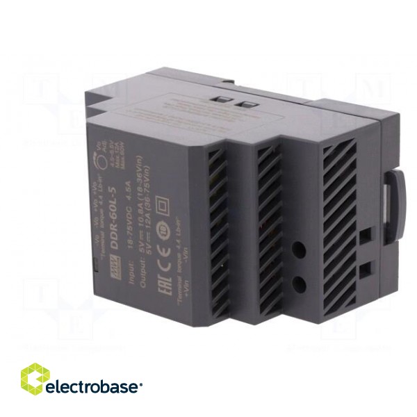 Power supply: DC/DC | 60W | 5VDC | 12A | 18÷75VDC | Mounting: DIN | 216g image 2