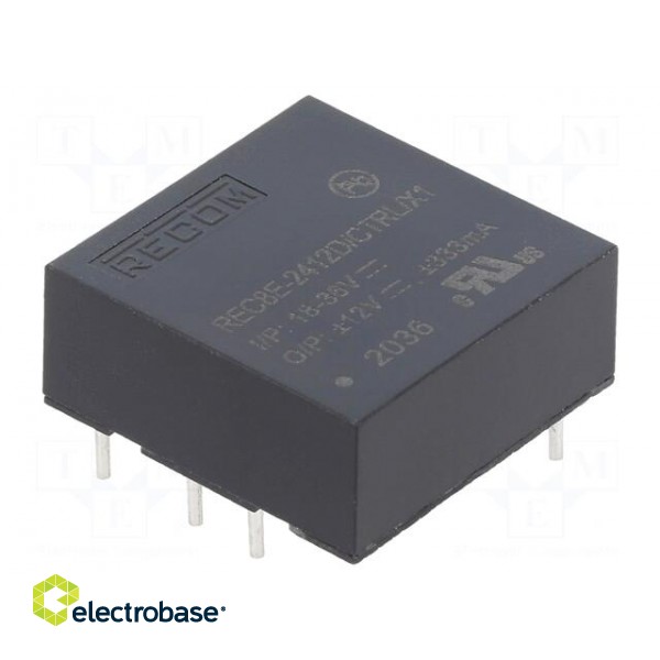 Converter: DC/DC | 8W | Uin: 18÷36V | Uout: 12VDC | Uout2: -12VDC | 1"x1" image 1