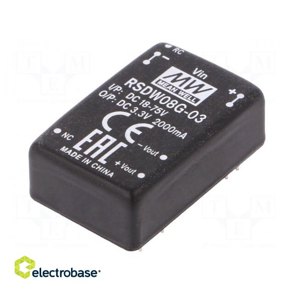 Converter: DC/DC | 8W | Uin: 18÷75V | Uout: 3.3VDC | Iout: 0÷2000mA | THT