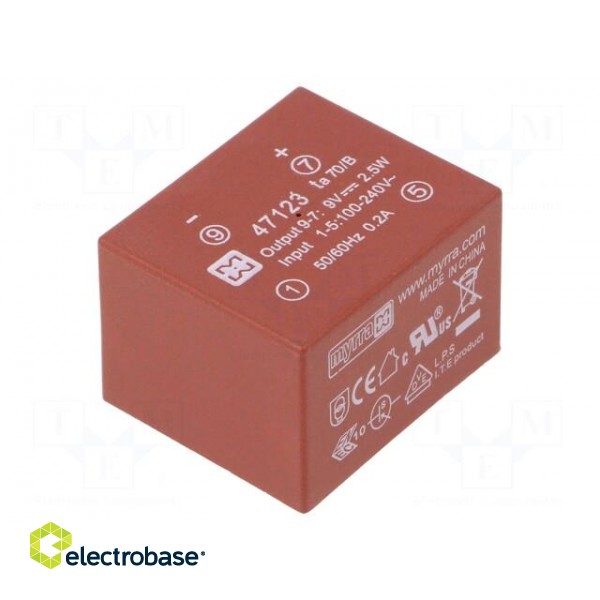 Converter: AC/DC | 2.5W | Uout: 9VDC | Iout: 270mA | 72% | Mounting: PCB paveikslėlis 1