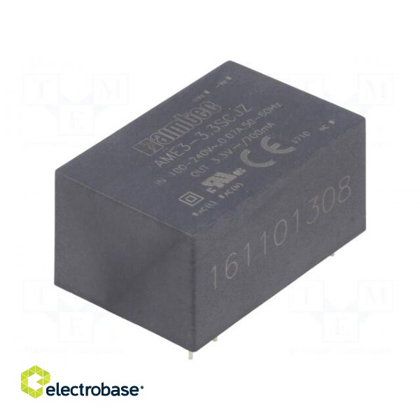 Converter: AC/DC | 3W | Uout: 3.3VDC | Iout: 0.7A | 66% | Mounting: PCB paveikslėlis 1