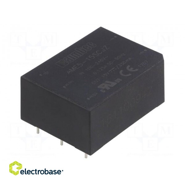 Converter: AC/DC | 5W | Uout: 15VDC | Iout: 0.33A | 80% | Mounting: PCB image 1