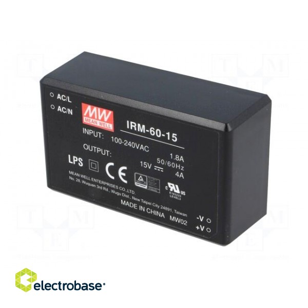 Power supply: switched-mode | modular | 60W | 15VDC | 87x52x29.5mm | 4A image 2