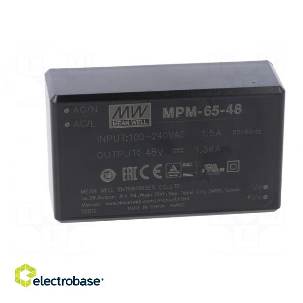 Power supply: switched-mode | modular | 65W | 48VDC | 87x52x29.5mm paveikslėlis 3