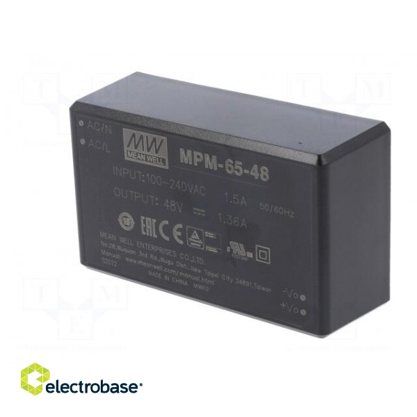 Power supply: switched-mode | modular | 65W | 48VDC | 87x52x29.5mm paveikslėlis 4