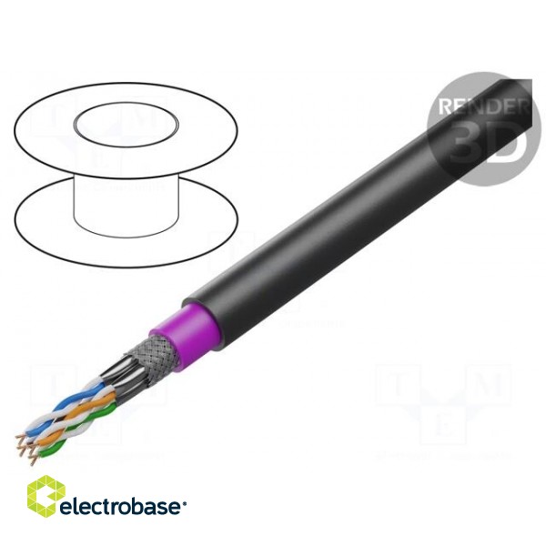 Wire | S/FTP | 4x2x23AWG | 7 | solid | OFC | PE | black | 50m | Øcable: 8.6mm