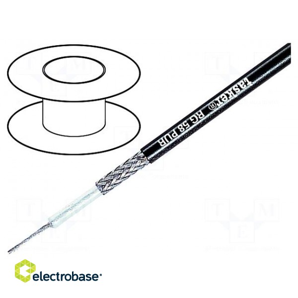 Wire: coaxial | RG58 | 1x50Ω | stranded | OFC | PUR | black | 100m | 5mm