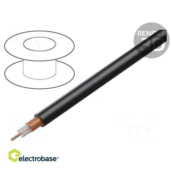 Wire: coaxial | RG59 | 1x75Ω | solid | Cu | PUR | black | 100m | 6.4mm | 2kVAC