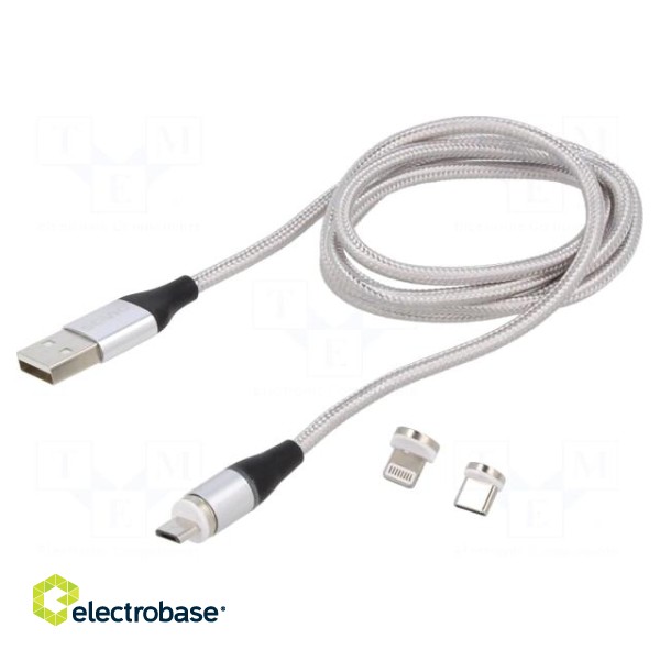 Cable | magnetic,USB 2.0 | 1m | grey | 480Mbps | textile | 3A