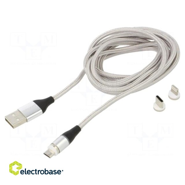 Cable | magnetic,USB 2.0 | 2m | grey | 480Mbps | textile | 3A