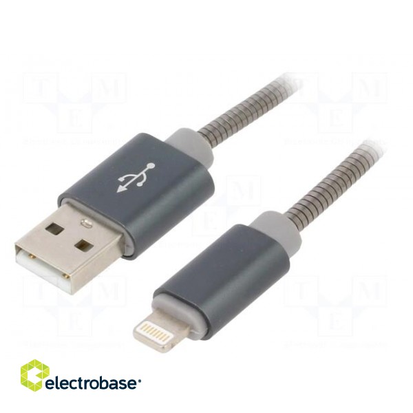 Cable | USB 2.0 | Apple Lightning plug,USB A plug | 1m | grey | metal