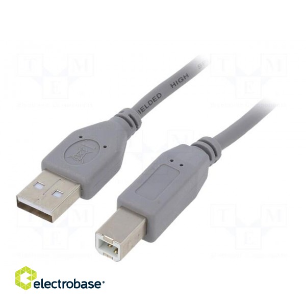 Cable | USB 2.0 | USB A plug,USB B plug | gold-plated | 1.8m | grey