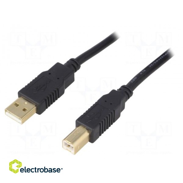 Cable | USB 2.0 | USB A plug,USB B plug | gold-plated | 5m | black