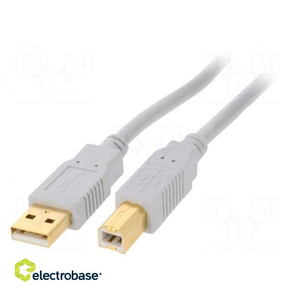 Cable | USB 2.0 | USB A plug,USB B plug | gold-plated | 1m | grey