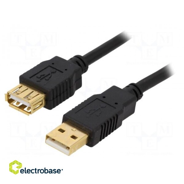 Cable | USB 2.0 | USB A socket,USB A plug | gold-plated | 5m | black