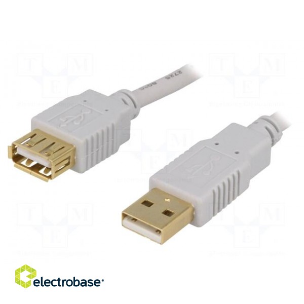 Cable | USB 2.0 | USB A socket,USB A plug | gold-plated | 1.8m | grey
