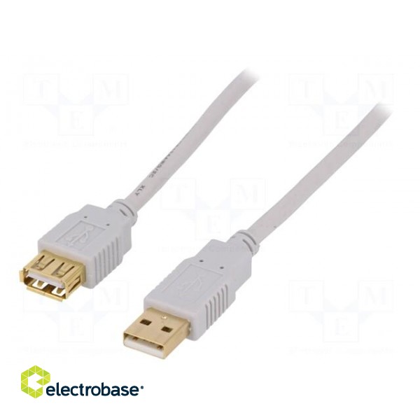 Cable | USB 2.0 | USB A socket,USB A plug | gold-plated | 3m | grey
