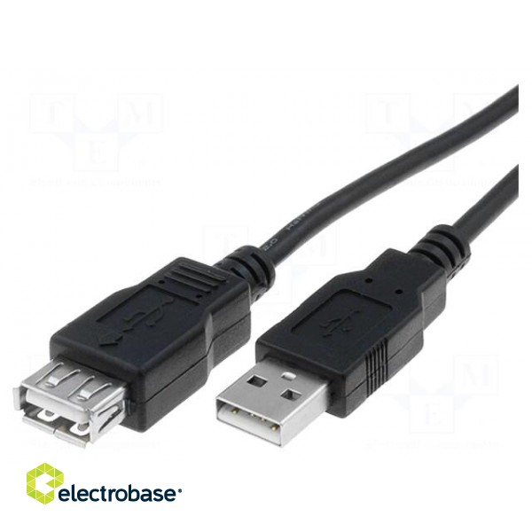 Cable; USB 2.0; USB A socket,USB A plug; nickel plated; 3m; black