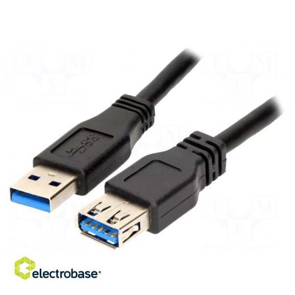 Cable | USB 3.0 | USB A socket,USB A plug | nickel plated | 1m | black