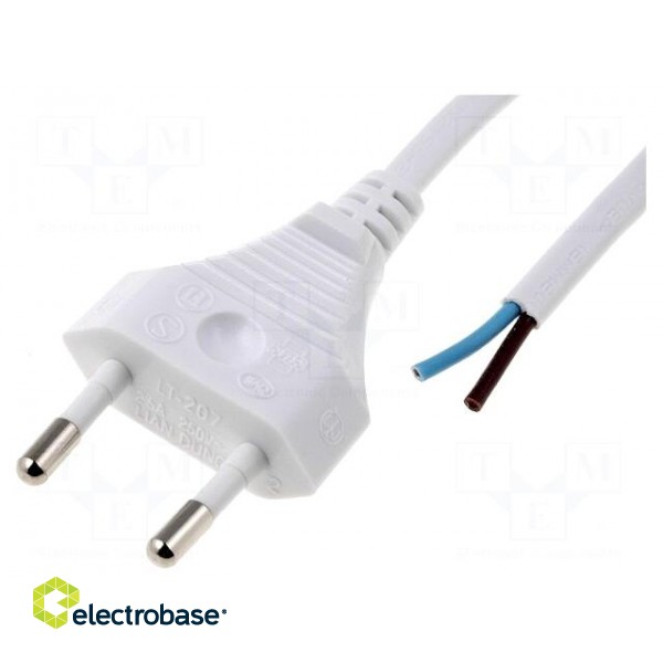 Cable | CEE 7/16 (C) plug,wires | 1.8m | white | PVC | 2x0,5mm2 | 2.5A