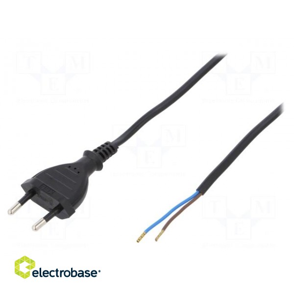 Cable | CEE 7/16 (C) plug,wires | 1.5m | black | PVC | 2x0,5mm2 | 2.5A