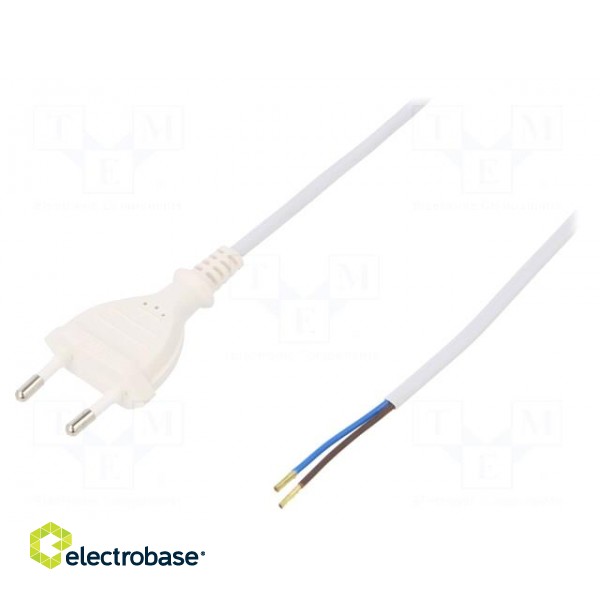 Cable | CEE 7/16 (C) plug,wires | 3m | white | PVC | 2x0,5mm2 | 2.5A