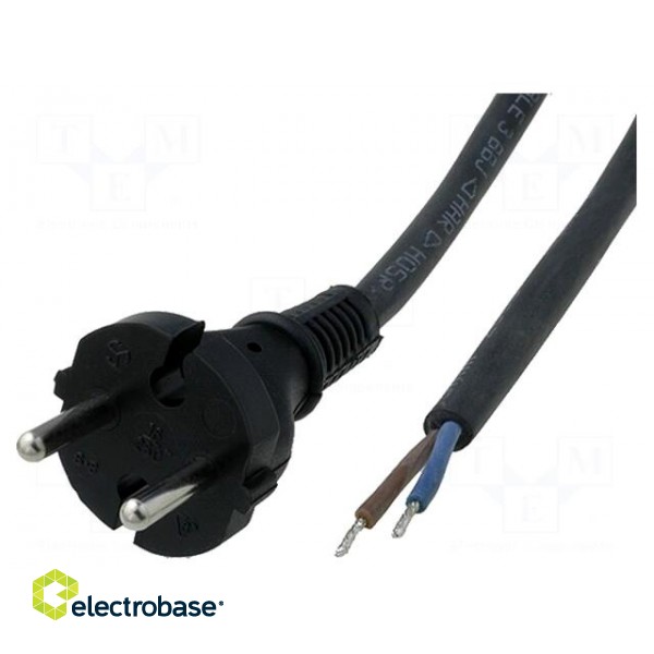 Cable | CEE 7/17 (C) plug,wires | 2m | black | rubber | 2x0,75mm2 | 10A