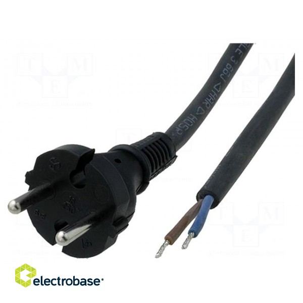 Cable | CEE 7/17 (C) plug,wires | 2m | black | rubber | 2x1mm2 | 16A