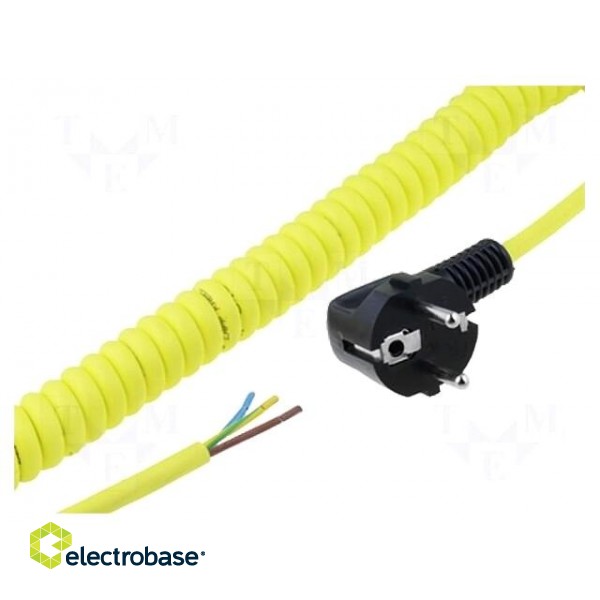 Cable | CEE 7/7 (E/F) plug angled,wires | coiled | yellow | PUR | 250V
