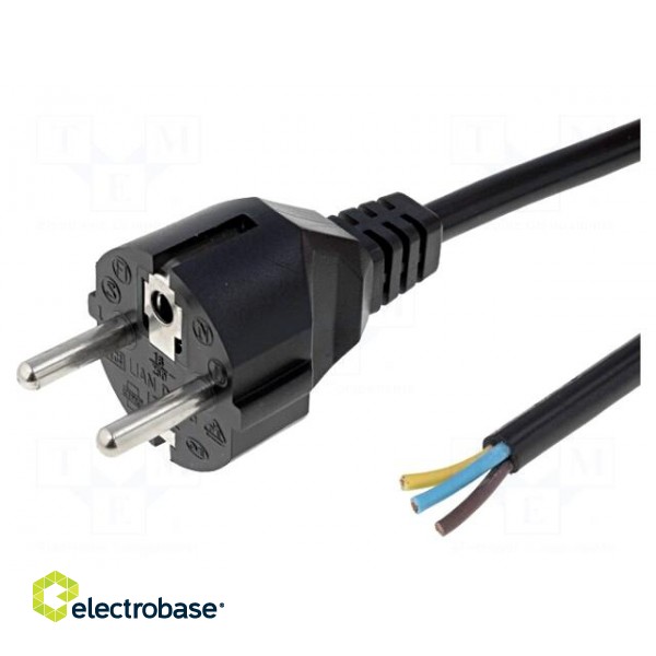 Cable | CEE 7/7 (E/F) plug,wires | 3m | black | PVC | 3x1,5mm2 | 16A
