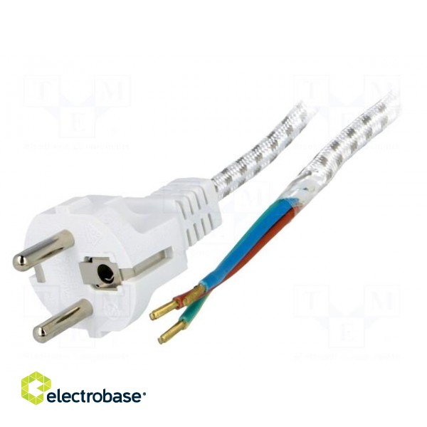 Cable | CEE 7/7 (E/F) plug,wires | 3m | white | textile braid | 6A