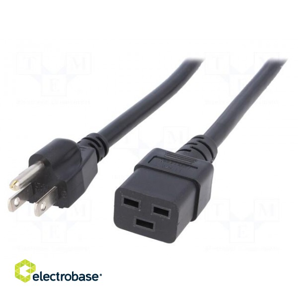 Cable | 3x14AWG | IEC C19 female,NEMA 5-15 (B) plug | PVC | 1m | black