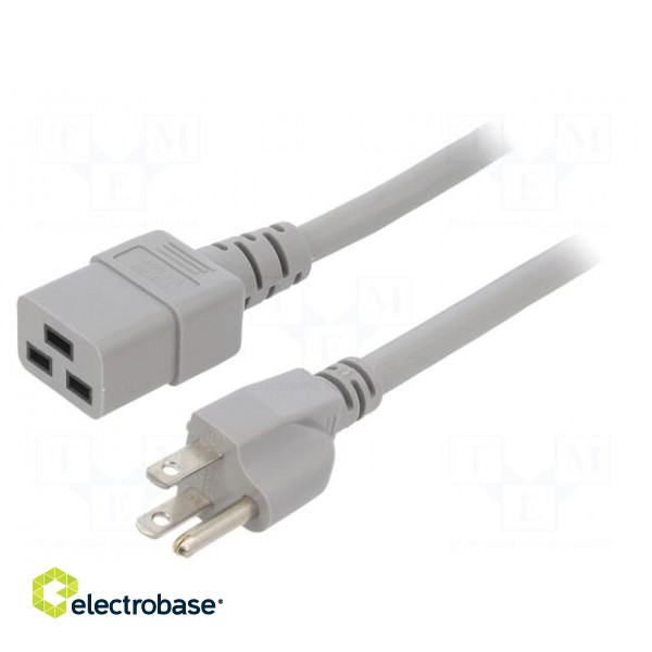 Cable | 3x14AWG | IEC C19 female,NEMA 5-15 (B) plug | PVC | 2m | grey