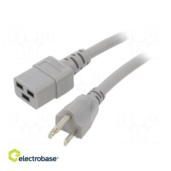 Cable | 3x14AWG | IEC C19 female,NEMA 5-15 (B) plug | PVC | 3m | grey