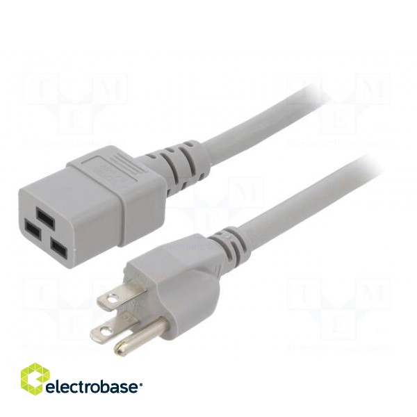 Cable | 3x14AWG | IEC C19 female,NEMA 5-15 (B) plug | PVC | 5m | grey