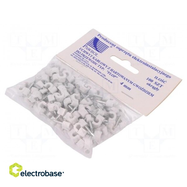 Holder | white | Application: on round cable | 100pcs | with a nail фото 1