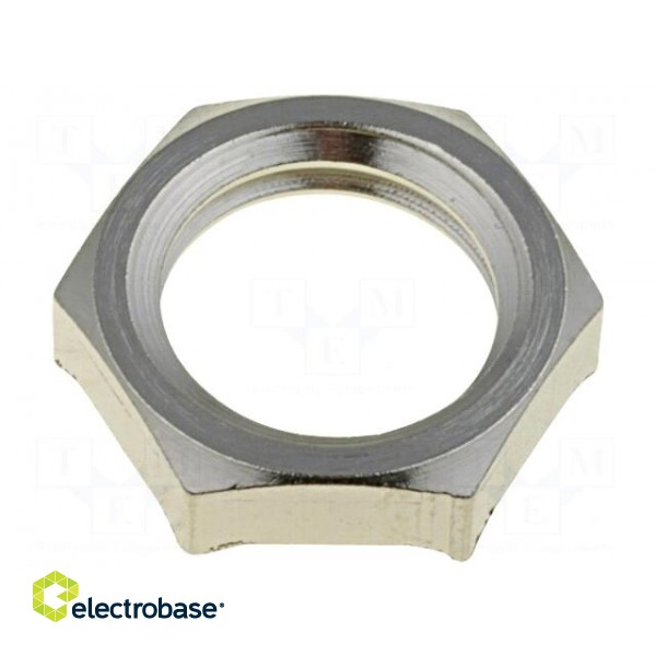 Nut | with earthing | M12 | brass | nickel | Thk: 3.5mm | Spanner: 15mm