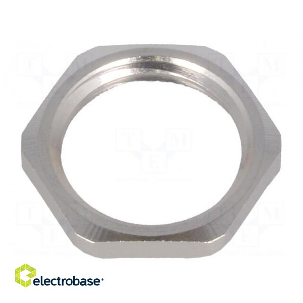 Nut | with earthing | M16 | brass | nickel | Thk: 2.8mm | Spanner: 19mm
