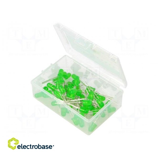 Kit: LED | THT | 5mm | 50pcs | green | 3÷15V | plastic box | 7.5mA | 50°