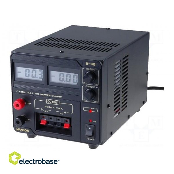 Power supply: laboratory | Channels: 3 | 0÷30VDC | 0÷2.5A | Plug: EU