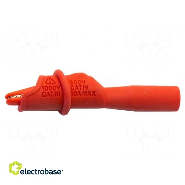 Crocodile clip | 10A | red | Grip capac: max.8.9mm | Socket size: 4mm