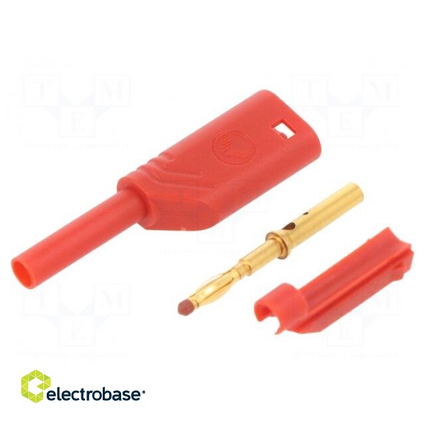 Plug | 2mm banana | 10A | 1kV | red | gold-plated | Overall len: 41.5mm