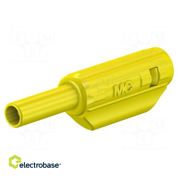Plug | 2mm banana | 10A | 600V | yellow | gold-plated | 36mm | 0.5mm2
