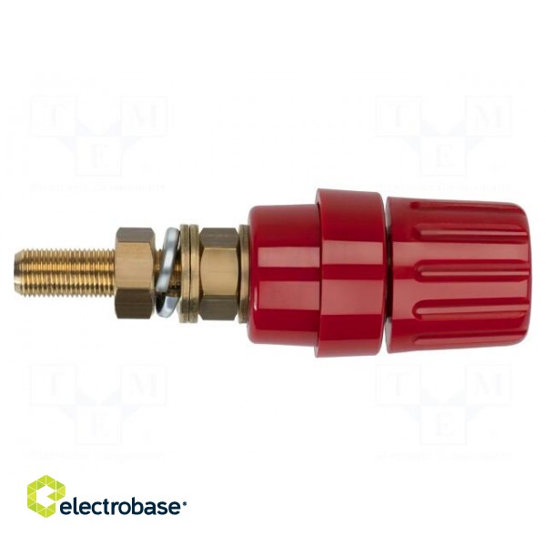 Socket | 4mm banana | 100A | red | on panel,screw | insulated | 81mm