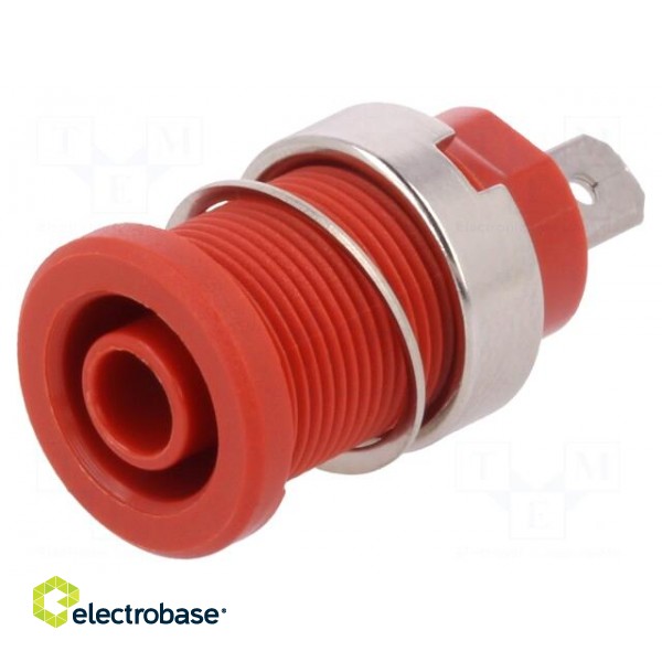 Socket | 4mm banana | 24A | red | nickel plated | on panel,screw | 33mm